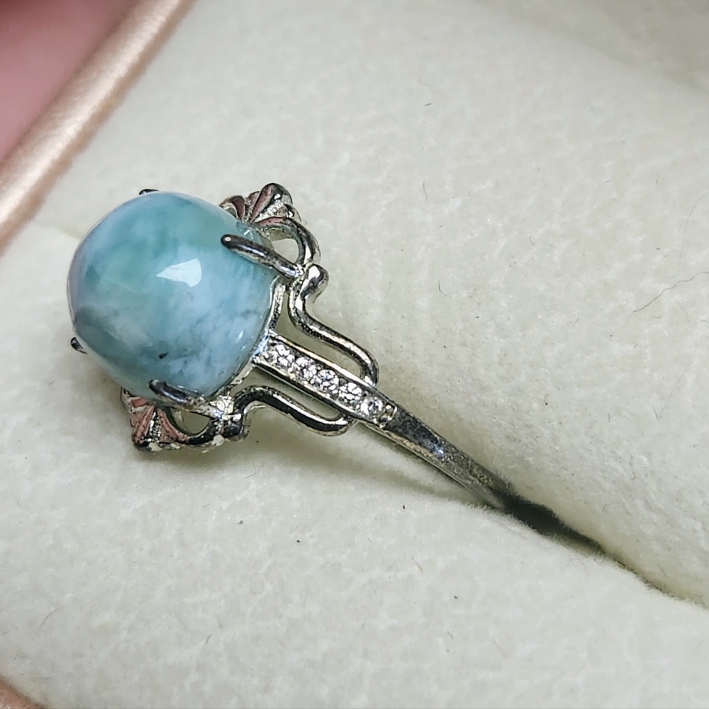 Genuine Larimar S925 Sterling Silver Adjustable Ring, Vintage Antiqued Style - Picture 4 of 11